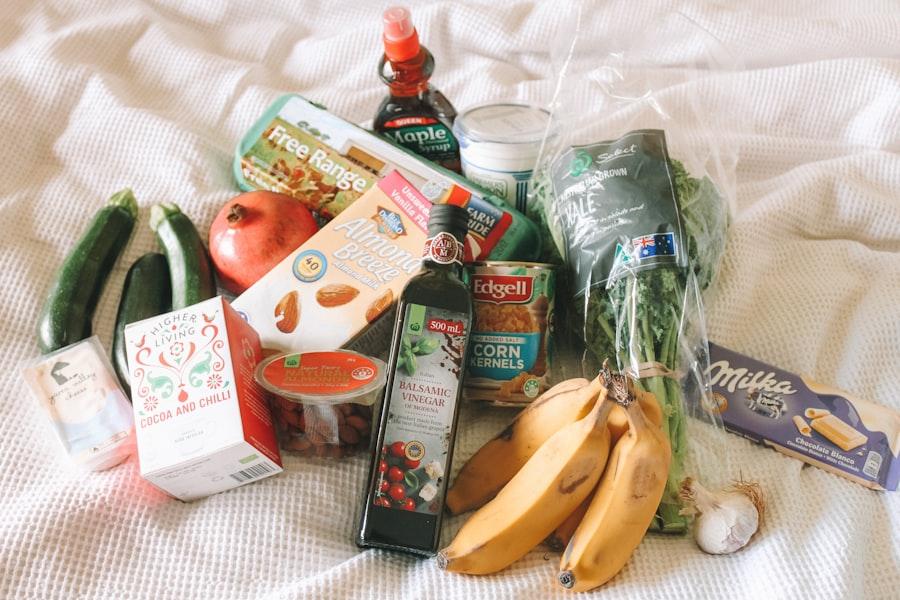 Packaged groceries laid out on a table